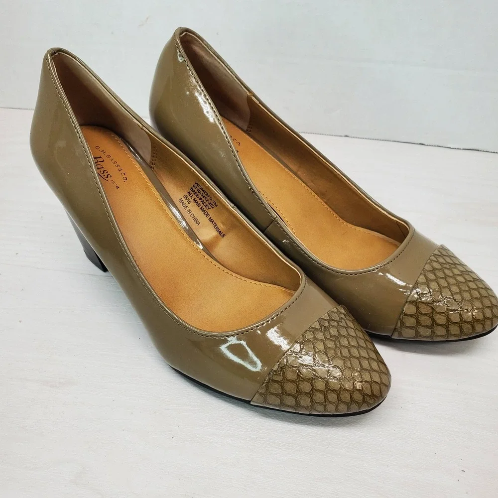 New G.H. Bass Pacey Nude Tan Faux Snakeskin Toe Heel Pumps 7M Grandma‎ Core